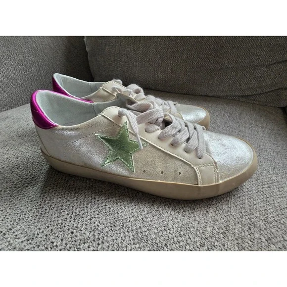 Shu Shop Paula Silver Distressed Shoes Sneakers Shiny Star US 7.5 - Picture 2 of 13
